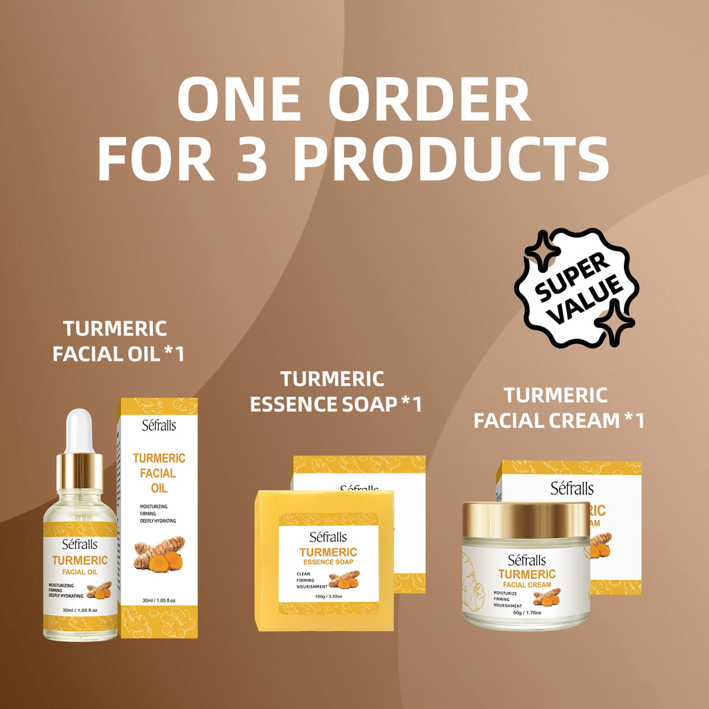 Séfralls All-Skin-Types Turmeric Care Trio Face Cream Serum Soap Facial Oil Brightening Wrinkle-Reducing Hydrating Rejuvenating