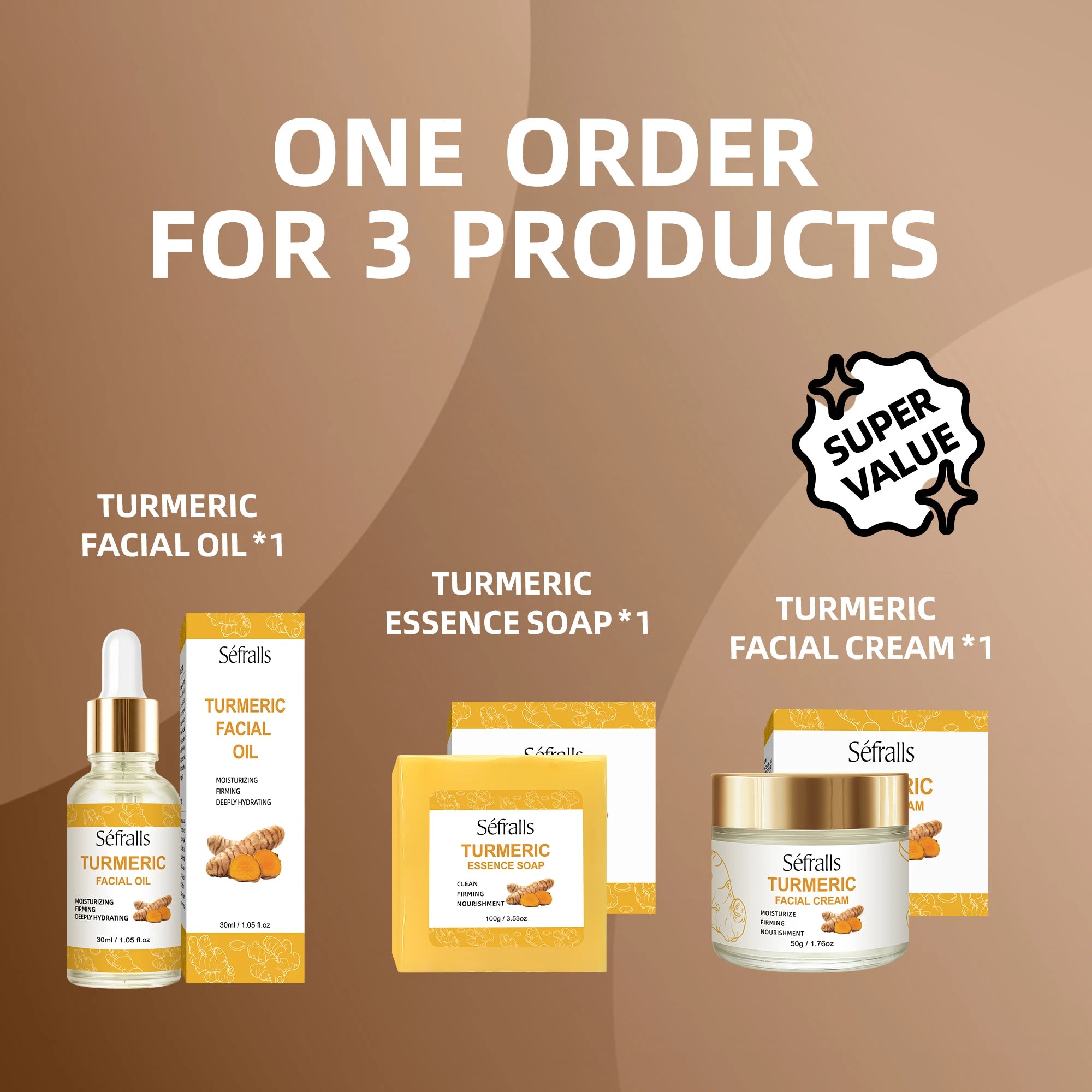 Séfralls All-Skin-Types Turmeric Care Trio Face Cream Serum Soap Facial Oil Brightening Wrinkle-Reducing Hydrating Rejuvenating